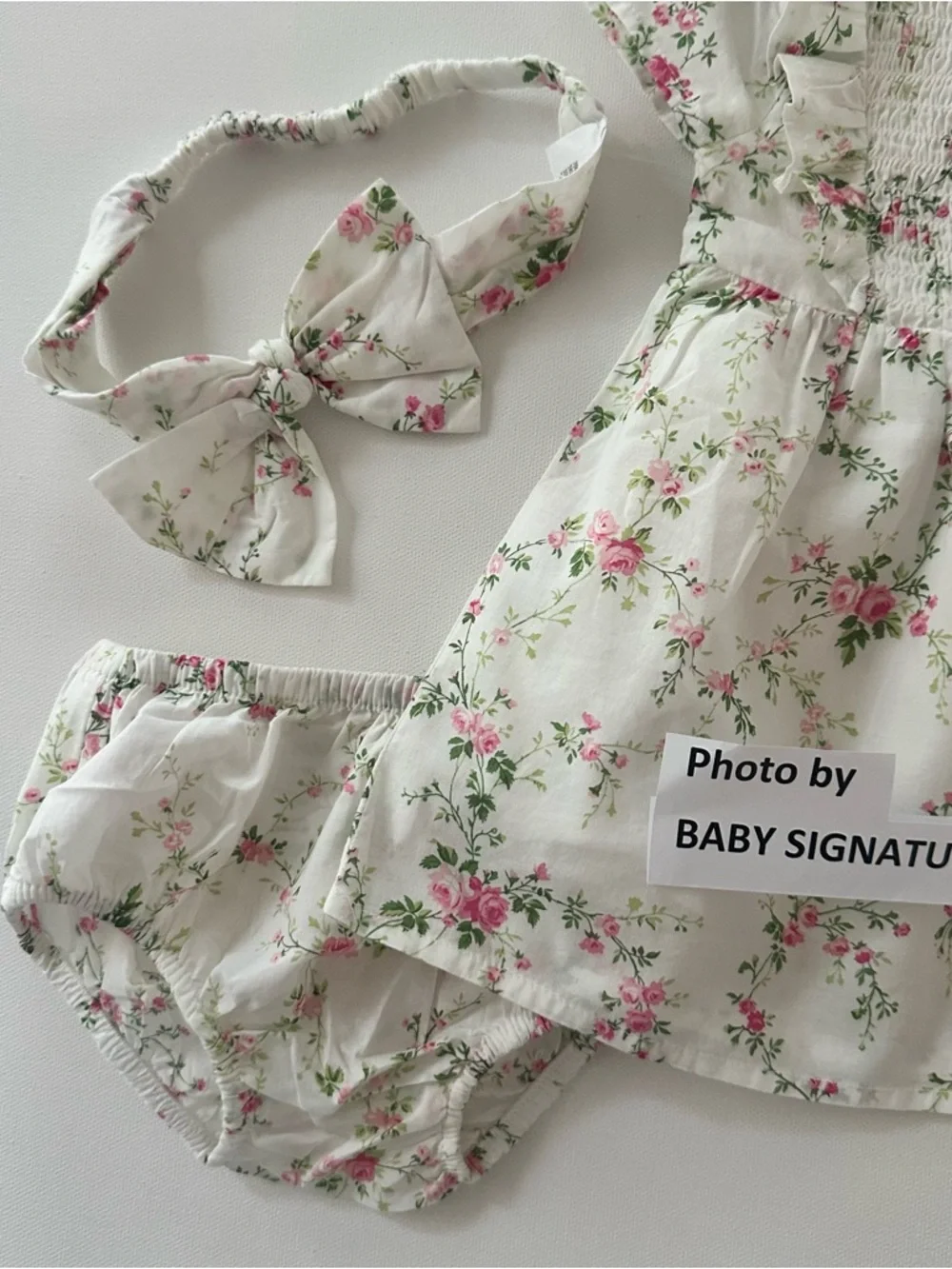 Gymboree 3-6 Months Baby Girl White Floral Smocked Dress Headband Set Organic